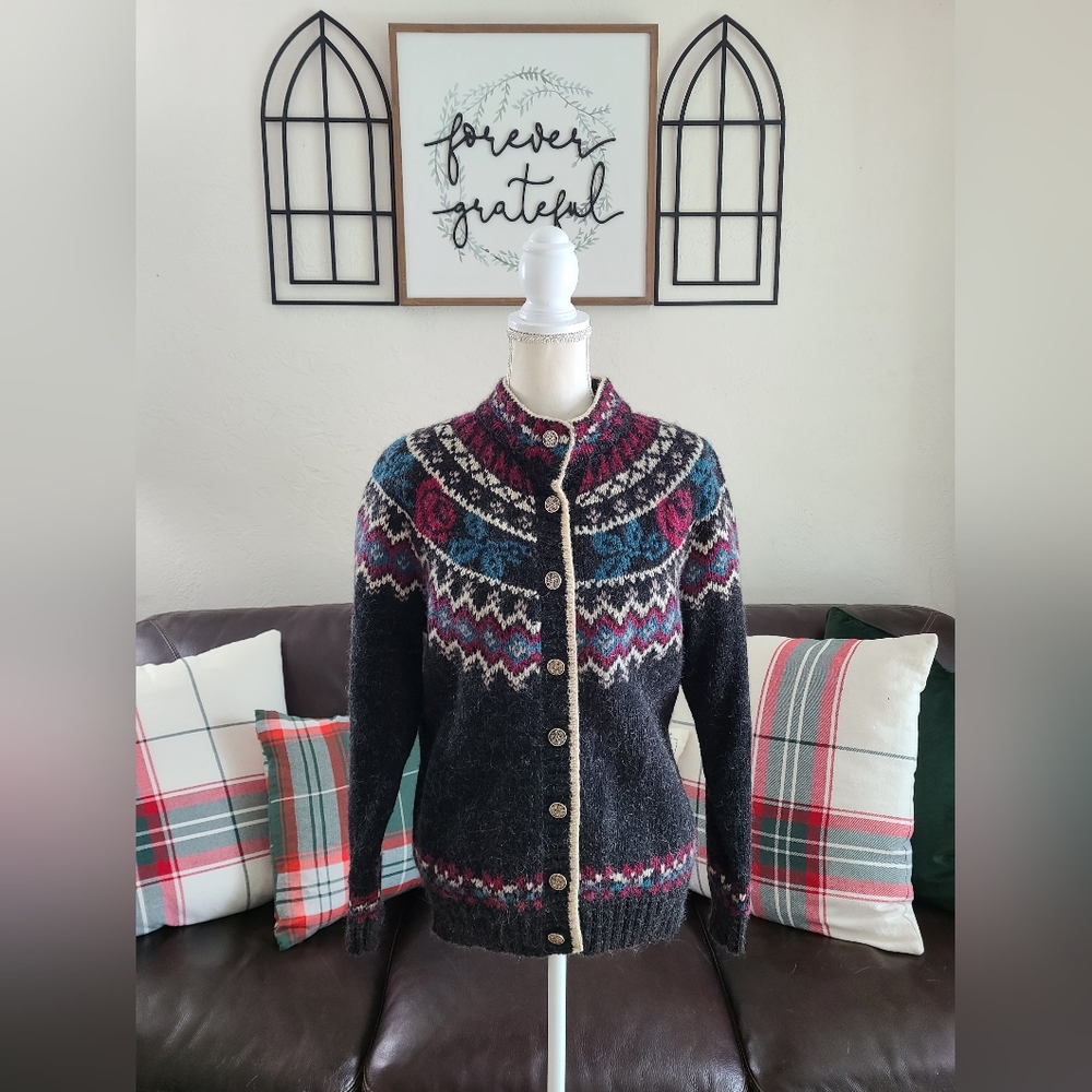 VINTAGE WOOLRICH WOOL MOHAIR GRAY PINK NORDIC CARDIGAN SWEATER SIZE M ARCTIC‎ - Picture 3 of 10